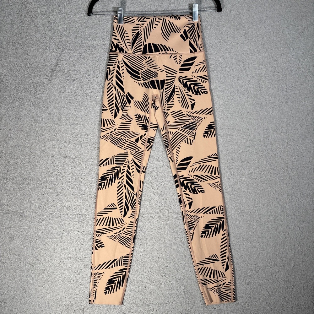 Aerie Chill Play Move Leggings S Tan Black Palm Leaf Print High Waist Athletic